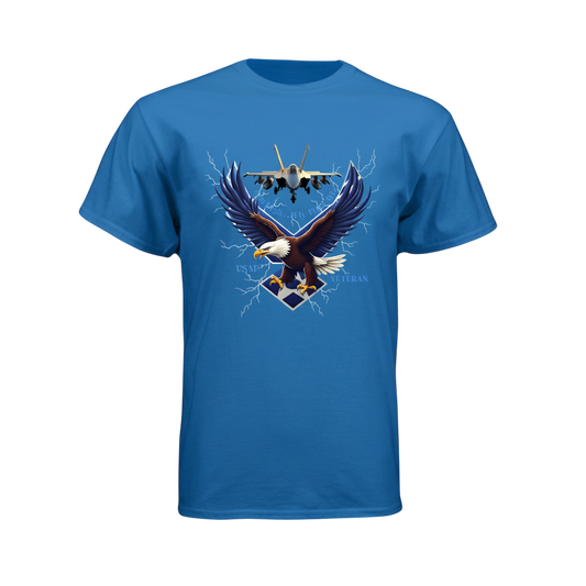 Blue t-shirt with an eagle and airplane graphic on a white background