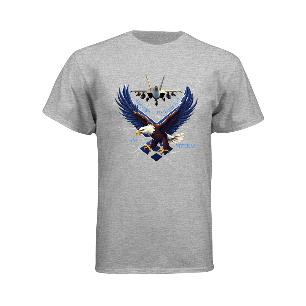 Gray t-shirt with an eagle and airplane graphic on a white background