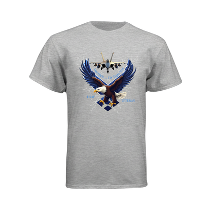 Gray t-shirt with an eagle and airplane graphic on a white background
