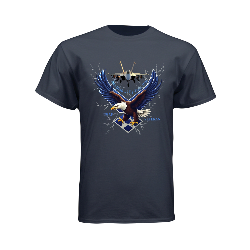 Navy blue t-shirt with an eagle and airplane graphic on a white background