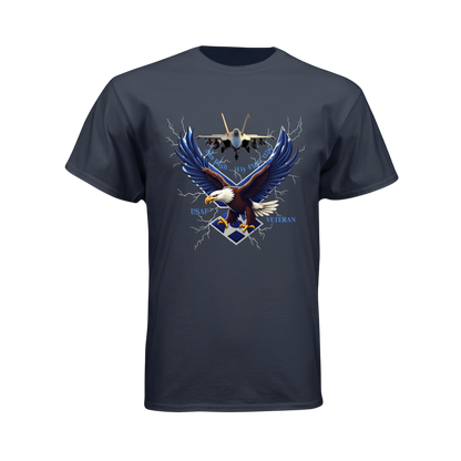 Navy blue t-shirt with an eagle and airplane graphic on a white background