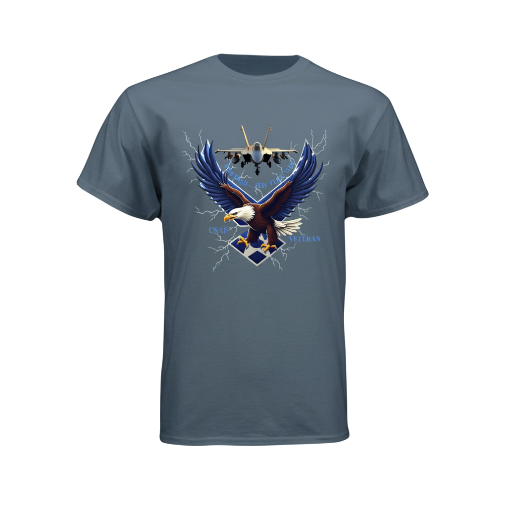 Gray t-shirt with an eagle and airplane graphic on a white background