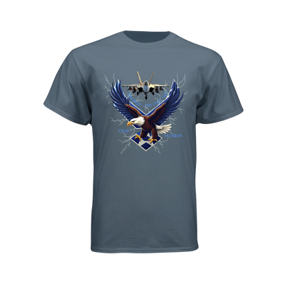 Gray t-shirt with an eagle and airplane graphic on a white background