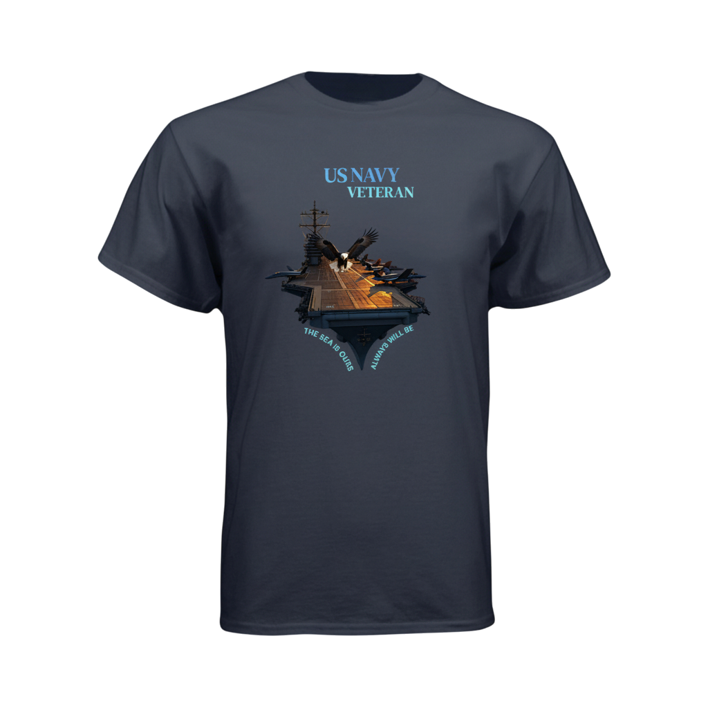 Navy blue t-shirt with US Navy Veteran graphic on a white background