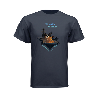 Navy blue t-shirt with US Navy Veteran graphic on a white background