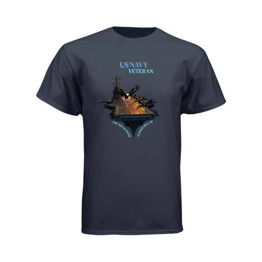 Navy blue t-shirt with US Navy Veteran graphic on a white background