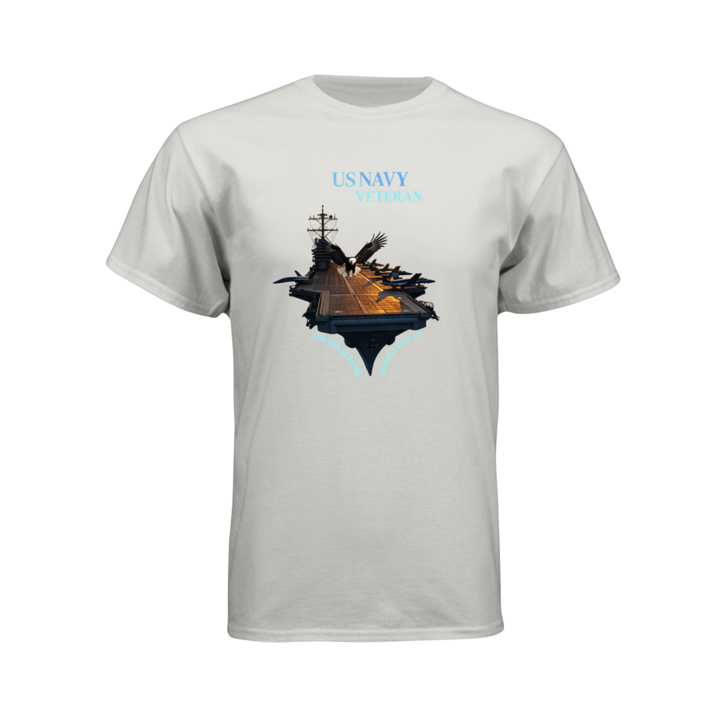 White t-shirt with a ship graphic and 'US Navy' text on a white background