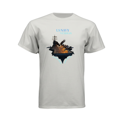 White t-shirt with a ship graphic and 'US Navy' text on a white background