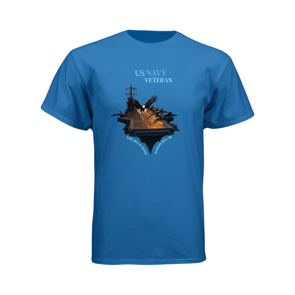 Blue t-shirt with US Navy veteran graphic on a white background