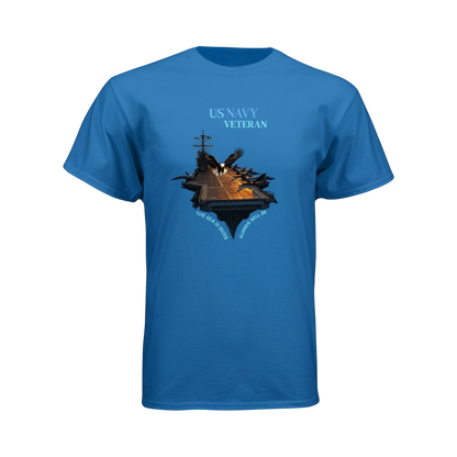 Blue t-shirt with US Navy veteran graphic on a white background