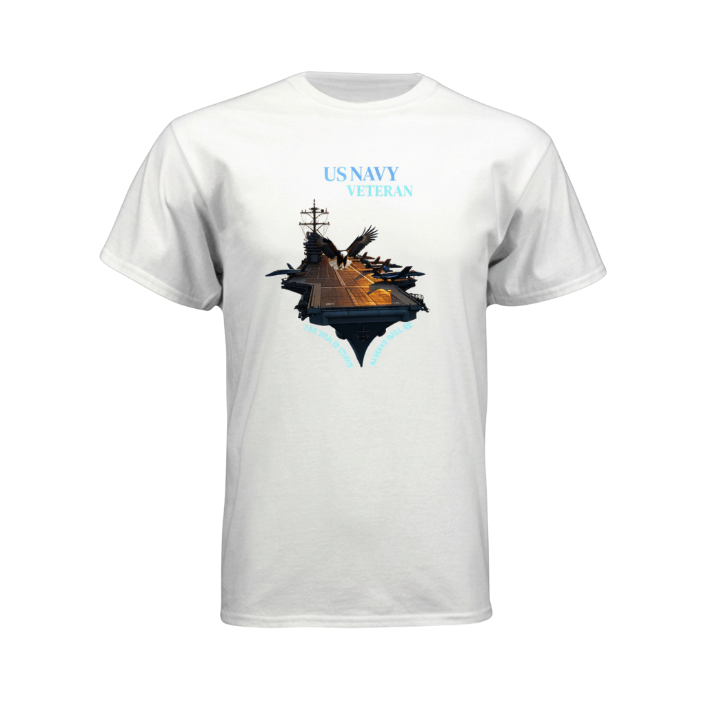 White t-shirt with a ship graphic and 'US Navy Veteran' text on a white background