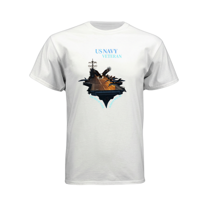 White t-shirt with a ship graphic and 'US Navy Veteran' text on a white background