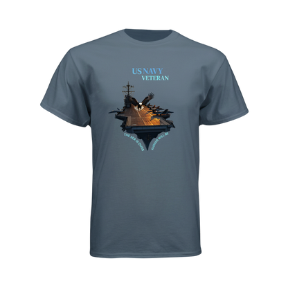 Gray t-shirt with US Navy Veteran graphic on a white background