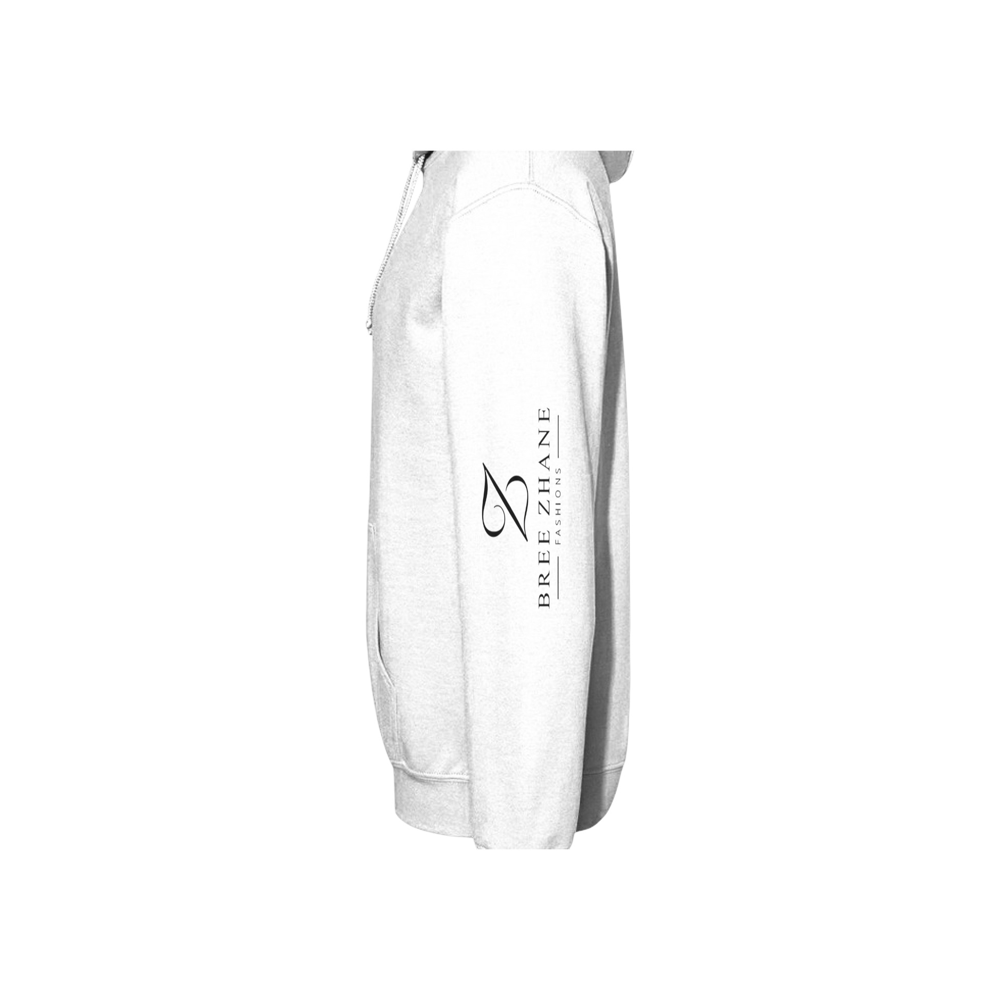 White hoodie with 'The New Wave' text leather outline Left Sleeve