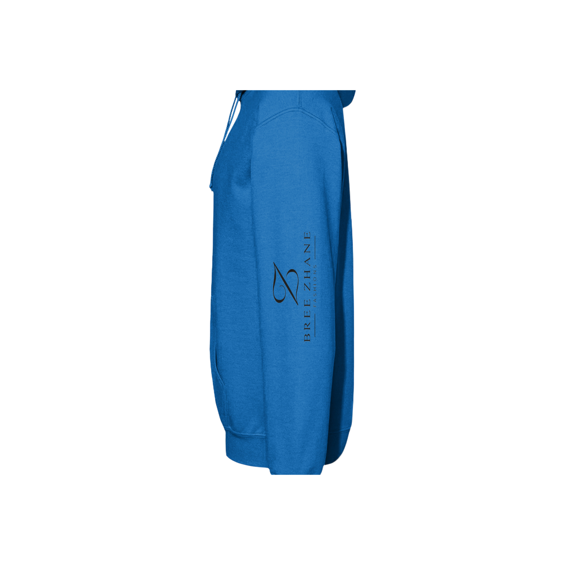 Blue hoodie with 'The New Wave' text leather outline Left Sleeve