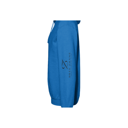 Blue hoodie with 'The New Wave' text leather outline Left Sleeve