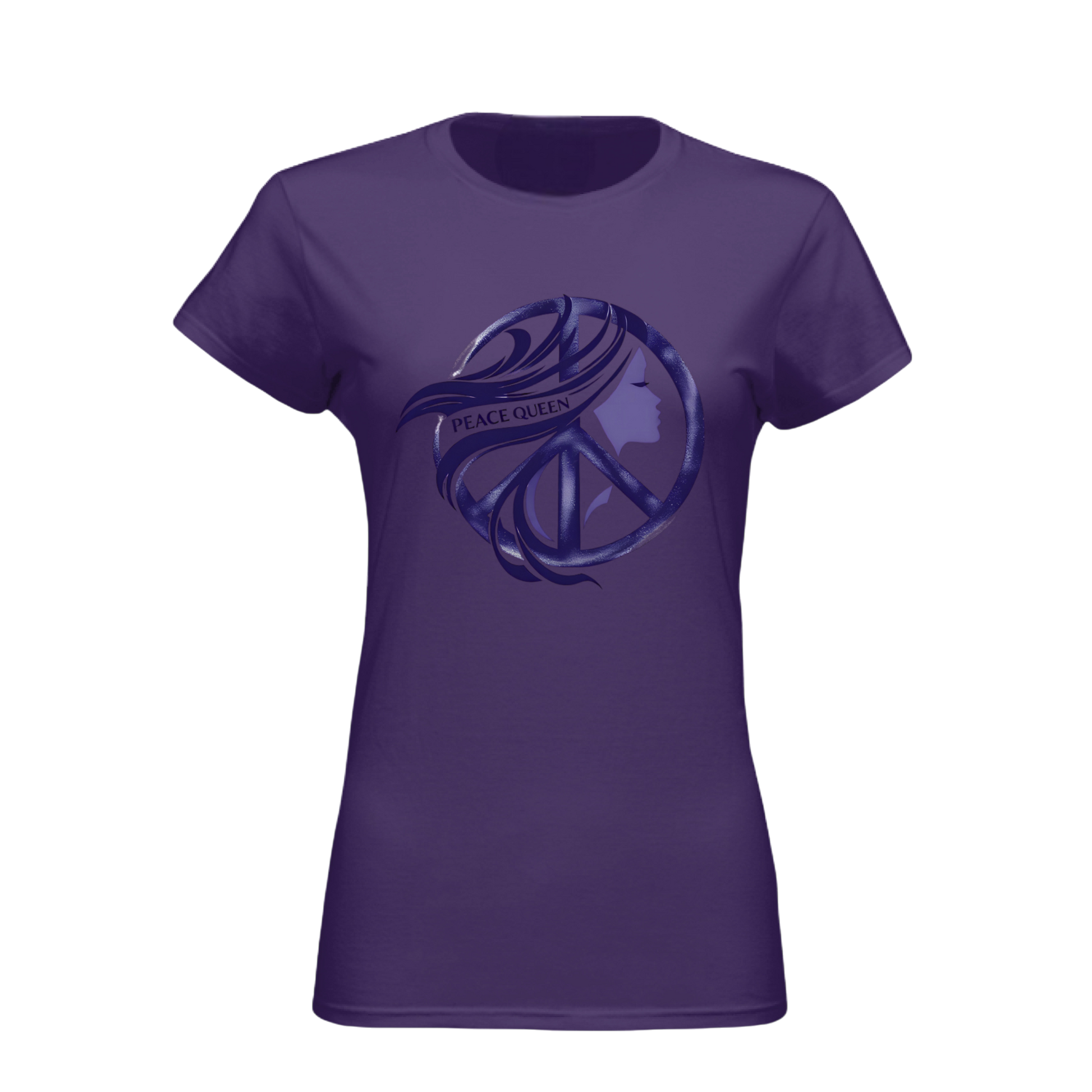 Purple t-shirt with a blue peace symbol design on a white background