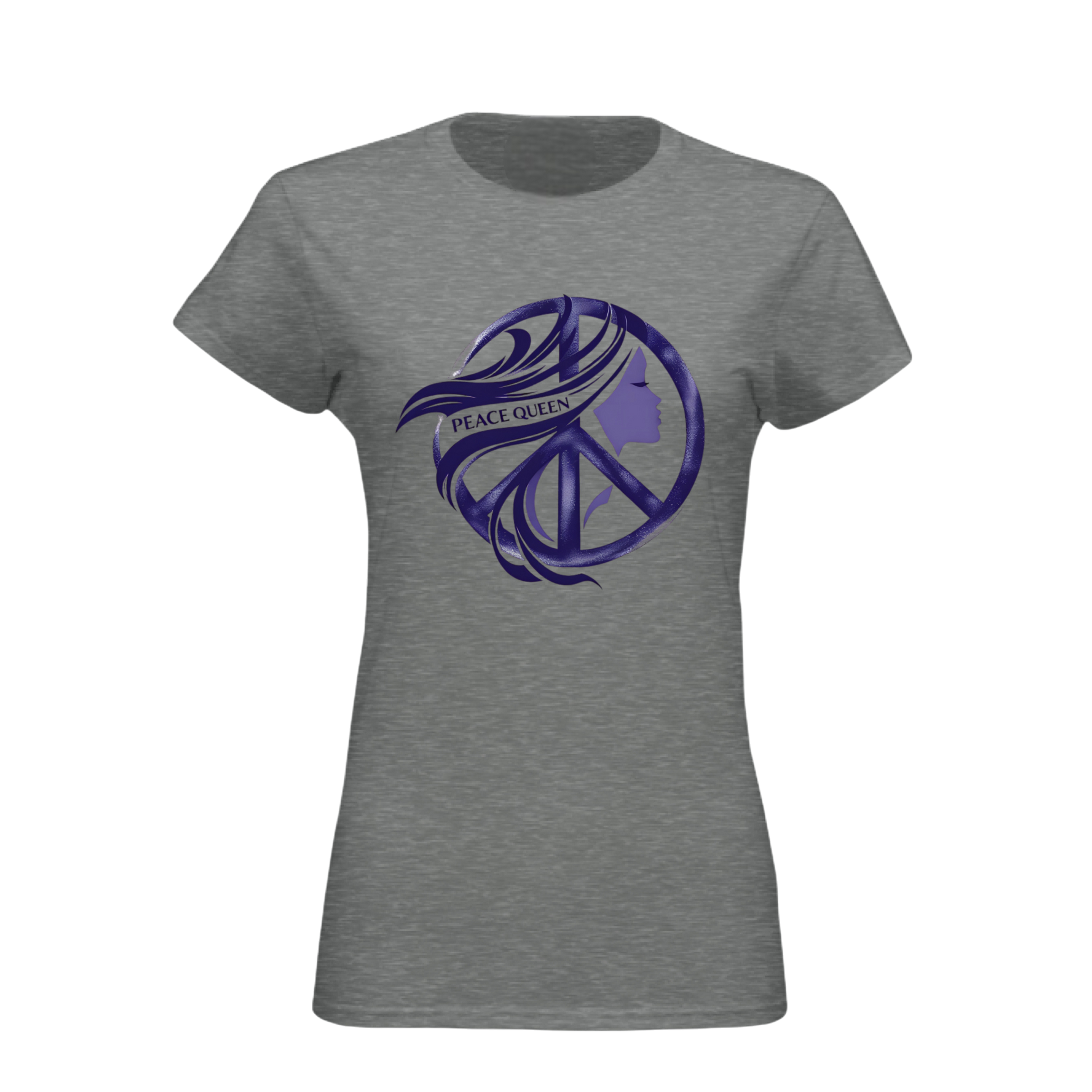 Gray t-shirt with a purple peace symbol design on a white background