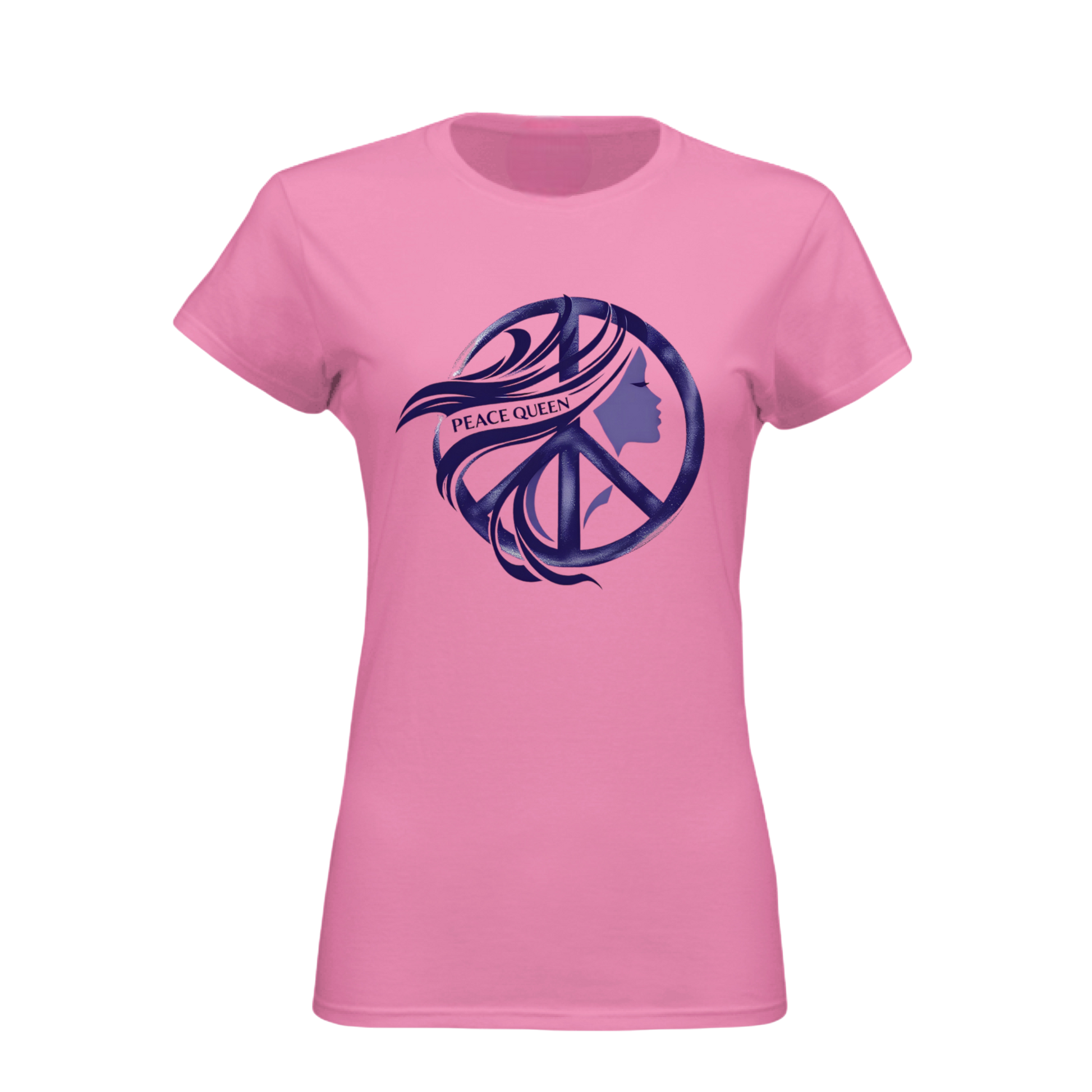 Pink t-shirt with a blue graphic design on a white background