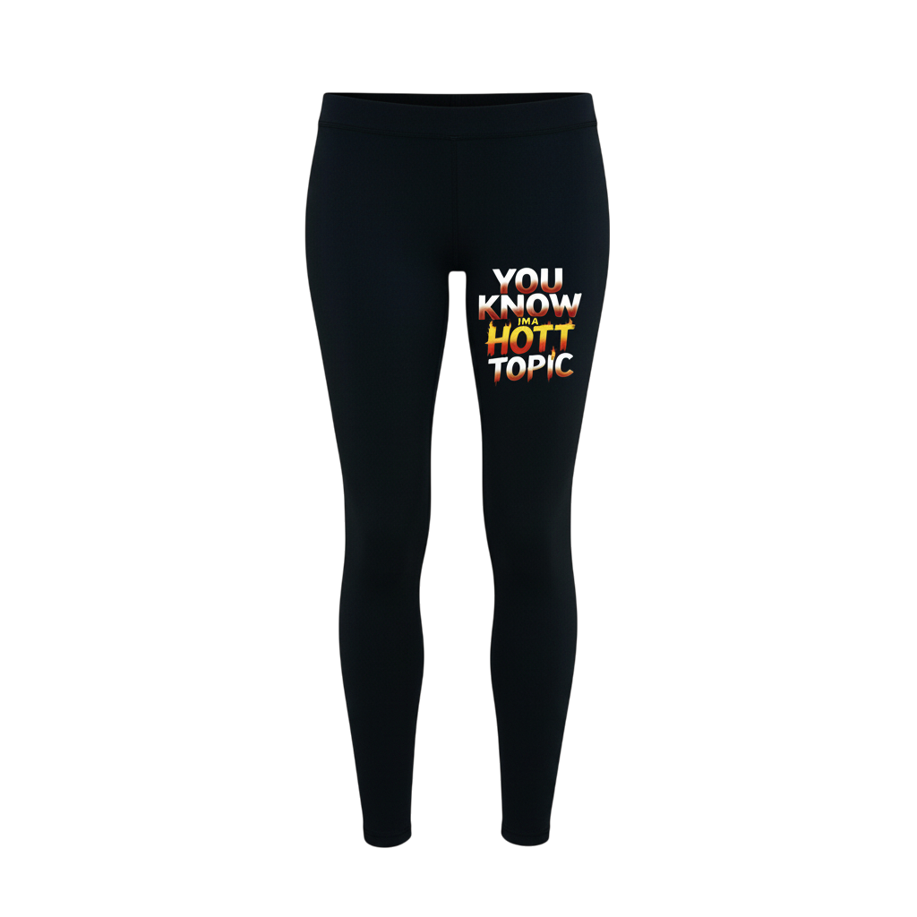 Black leggings with colorful text design on a white background