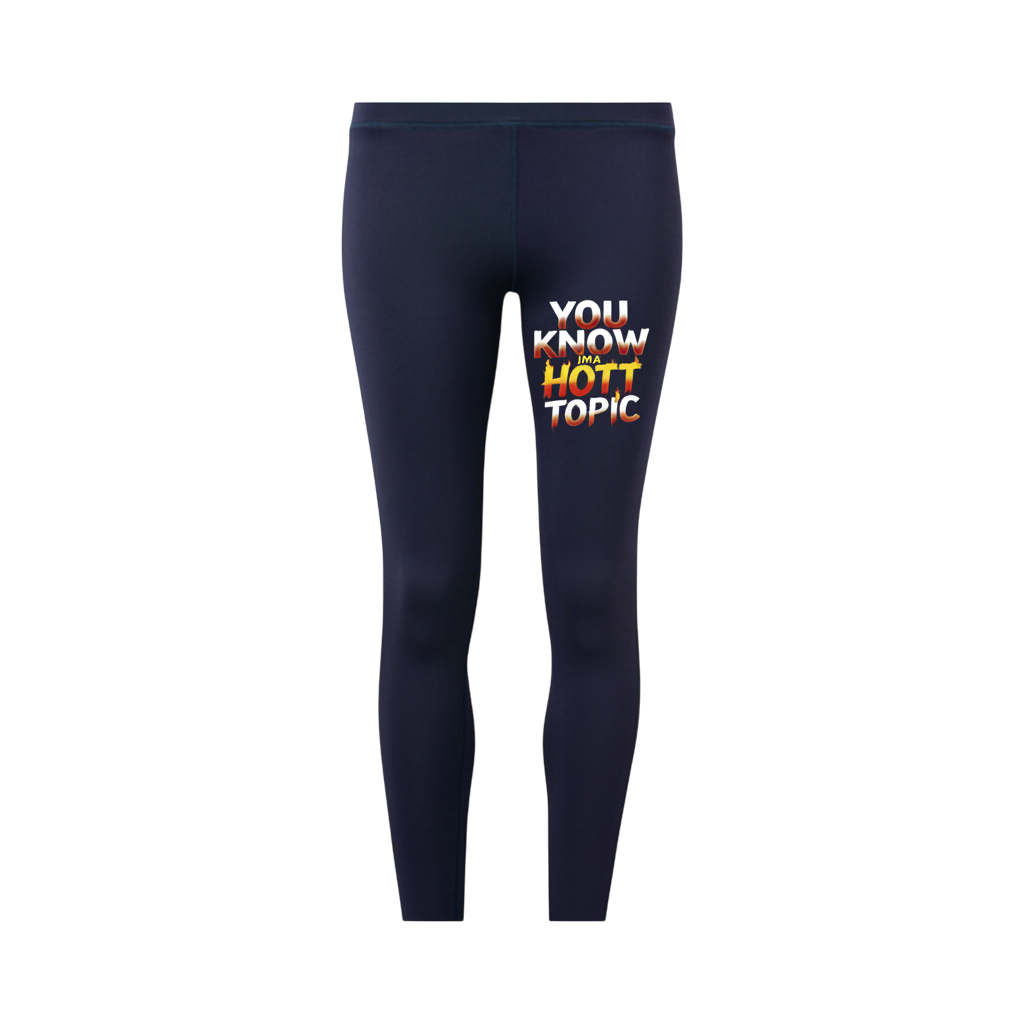 Navy leggings with colorful text design on a white background