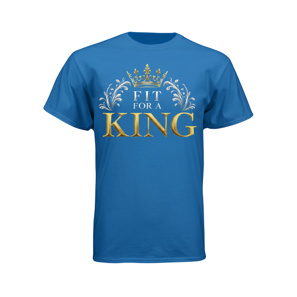 Royal t-shirt with 'Fit for a King' text and crown design 
