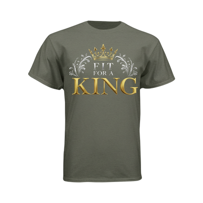 Green t-shirt with 'Fit for a King' text and crown design on a white background