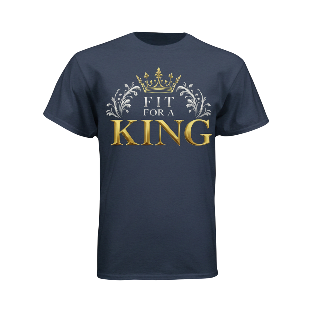 Navy blue t-shirt with 'Fit for a King' text and crown graphic on a white background