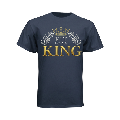 Navy blue t-shirt with 'Fit for a King' text and crown graphic on a white background