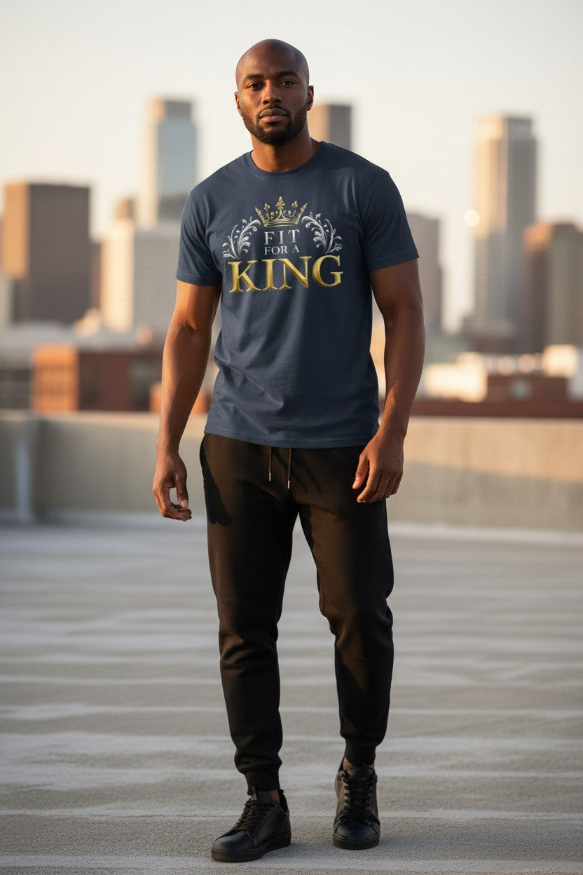 Man wearing a 'Fit for a King' t-shirt on a rooftop with cityscape background