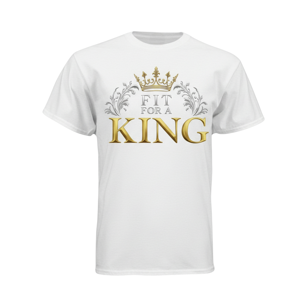 White t-shirt with 'Fit for a King' text and crown graphic 