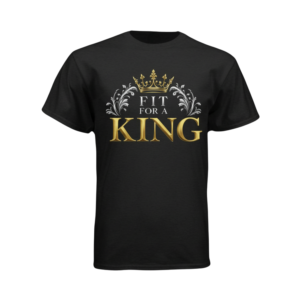 Black t-shirt with 'Fit for a King' text and crown design on a white background
