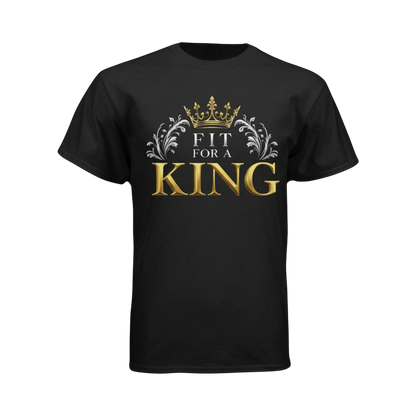 Black t-shirt with 'Fit for a King' text and crown design on a white background