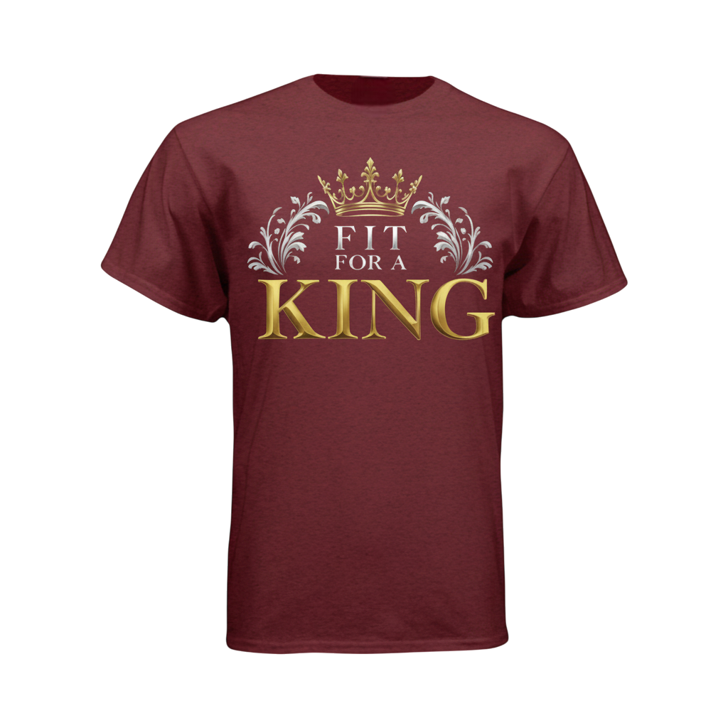 Antique Cherry Red t-shirt with 'Fit for a King' text and crown graphic 