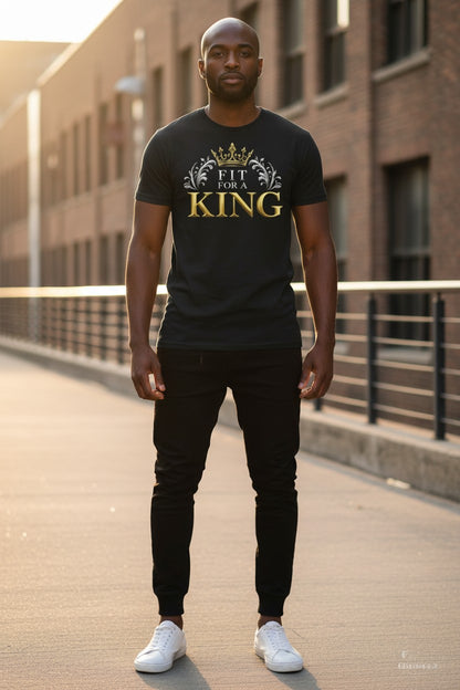 Man wearing a black t-shirt with 'Fit King' text on a city street.