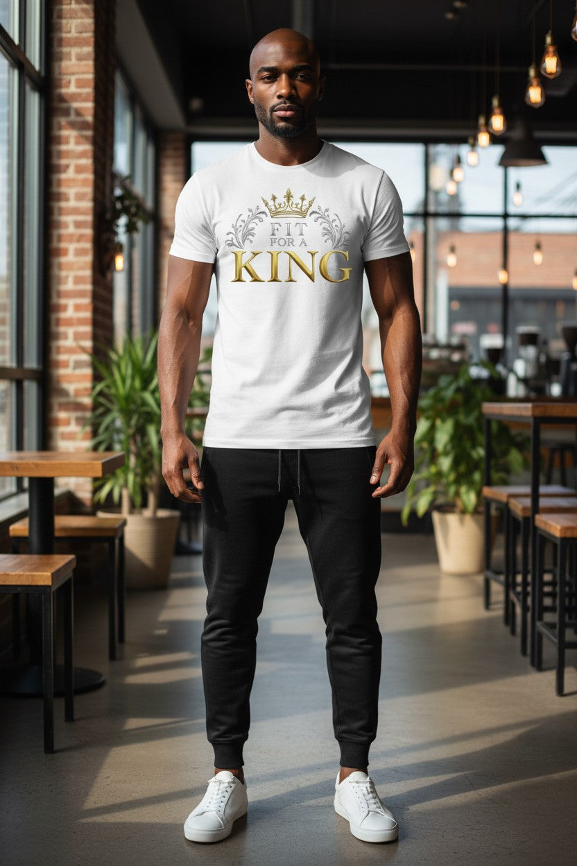 Man wearing a white t-shirt with 'Fit King' text in a modern indoor setting