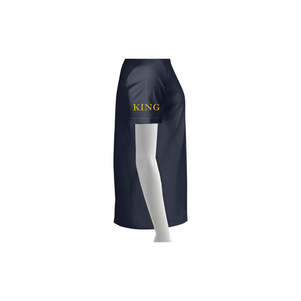 Navy apron with 'KING' text on a white background
