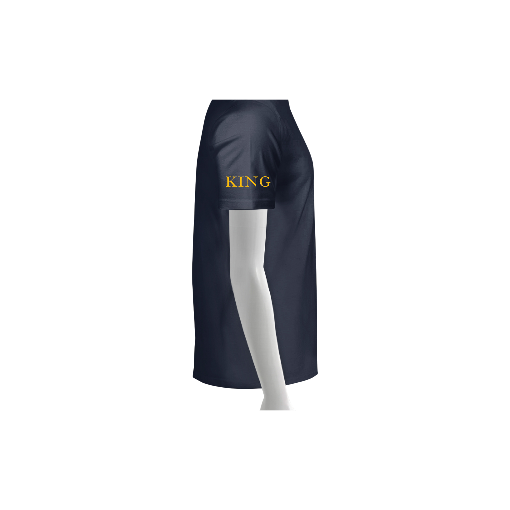 Navy apron with 'KING' text on a white background