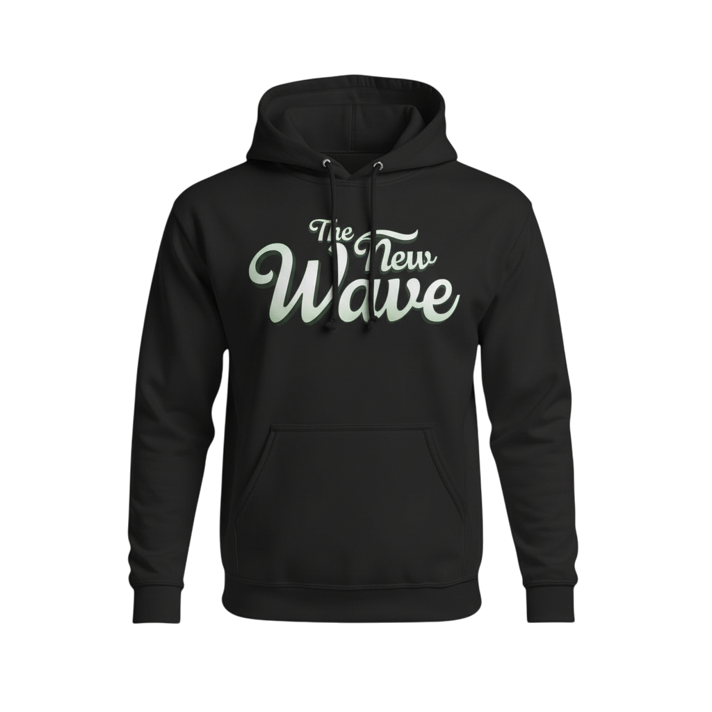 Black hoodie with 'The New Wave' text on a white background