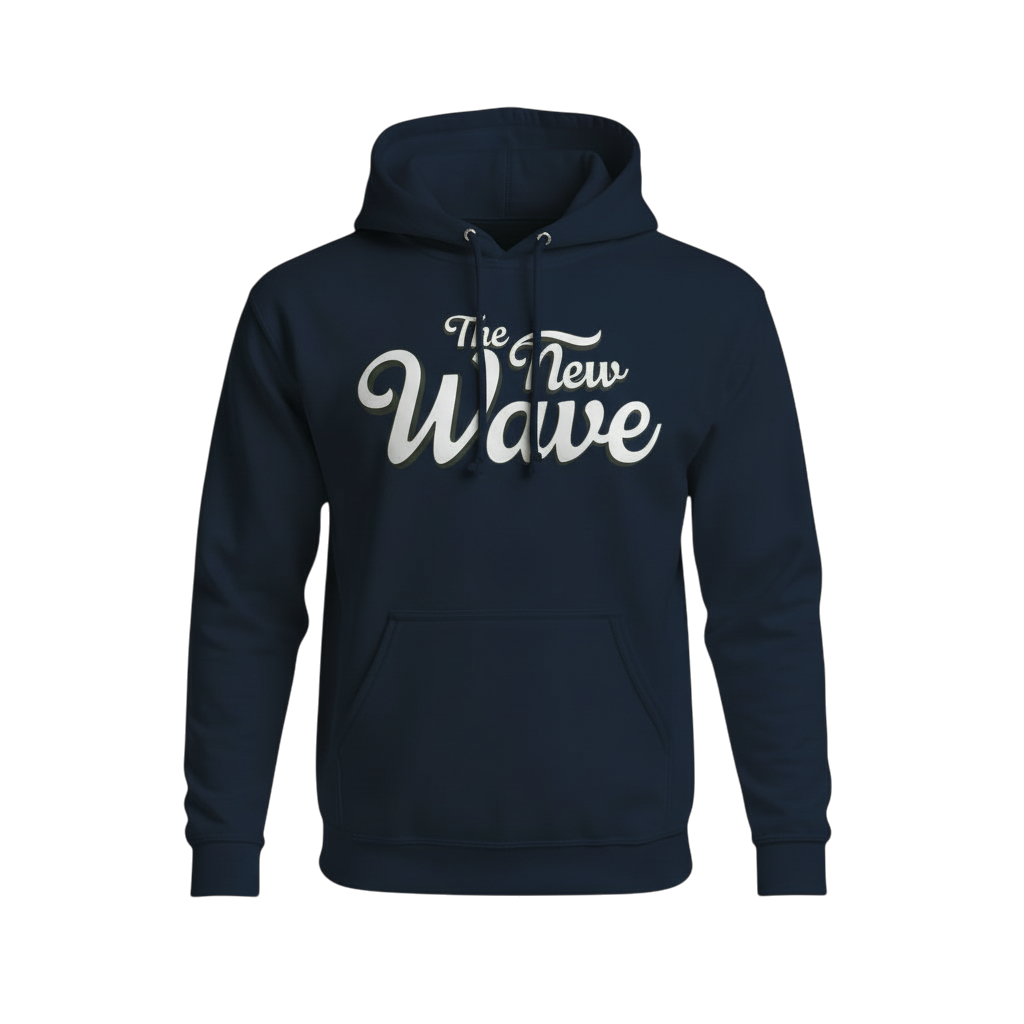Navy blue hoodie with 'The New Wave' text on a white background