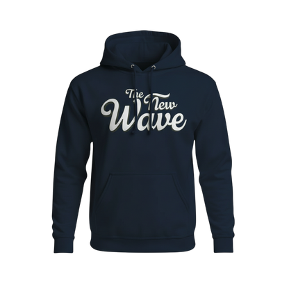 Navy blue hoodie with 'The New Wave' text on a white background