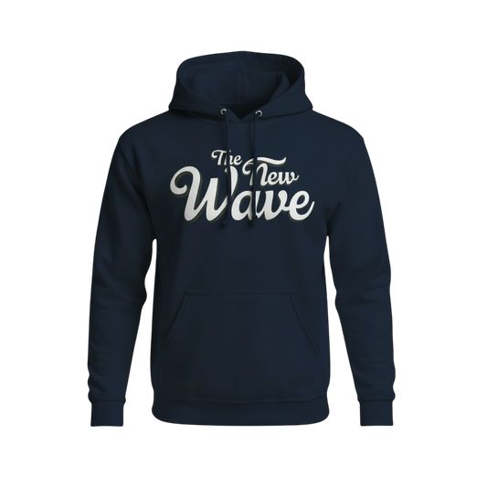 Navy blue hoodie with 'The New Wave' text on a white background