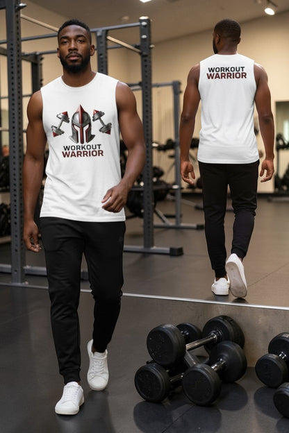 Man wearing a 'Workout Warrior' tank top in a gym setting