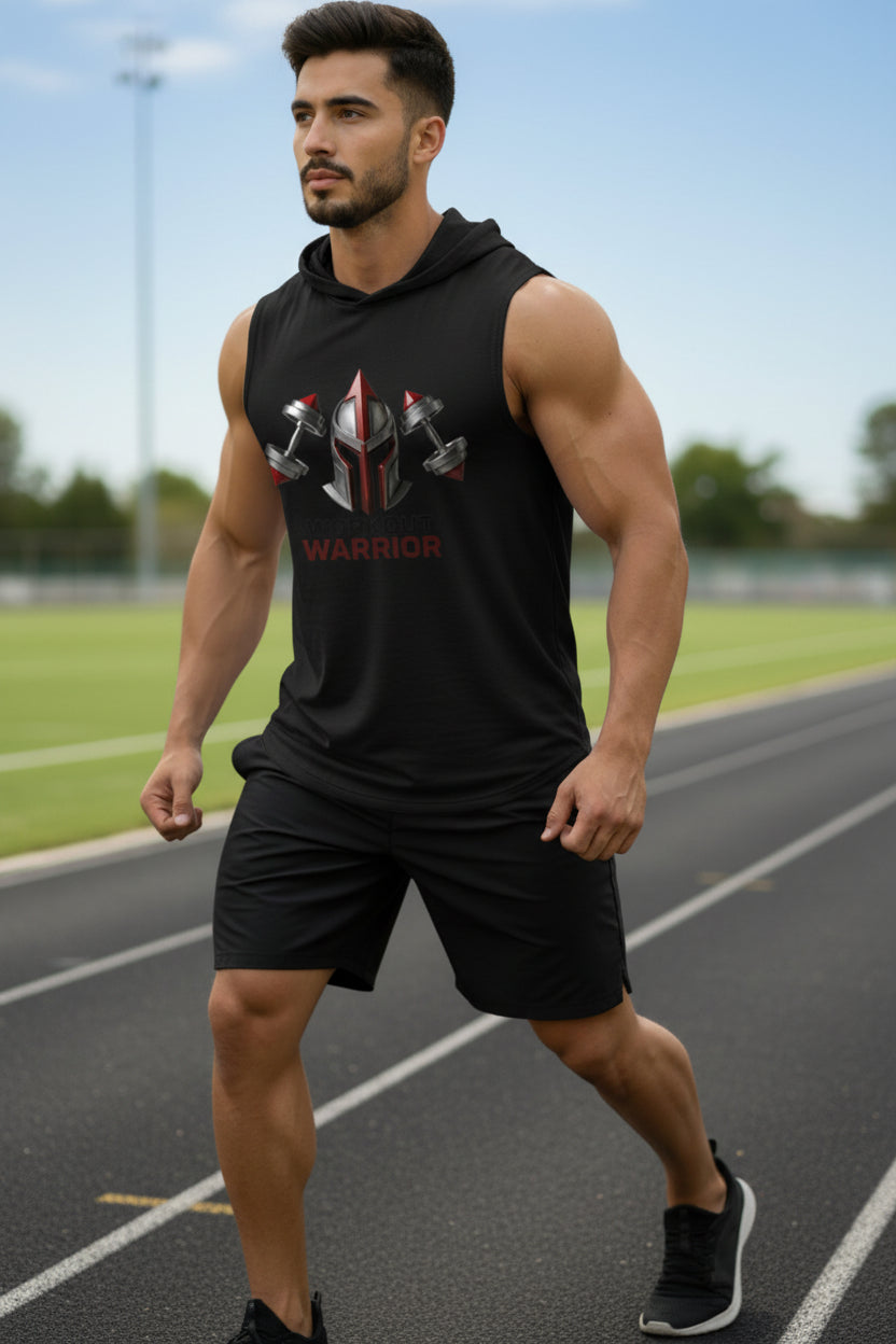 Man in black sleeveless hoodie and shorts on a track