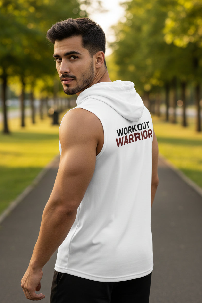 Man wearing a white sleeveless hoodie with 'Workout Warrior' text outdoors.