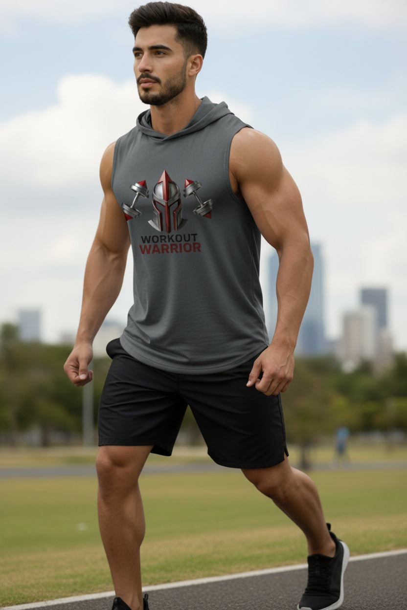 Man wearing a 'Workout Warrior' tank top on a track with cityscape in the background