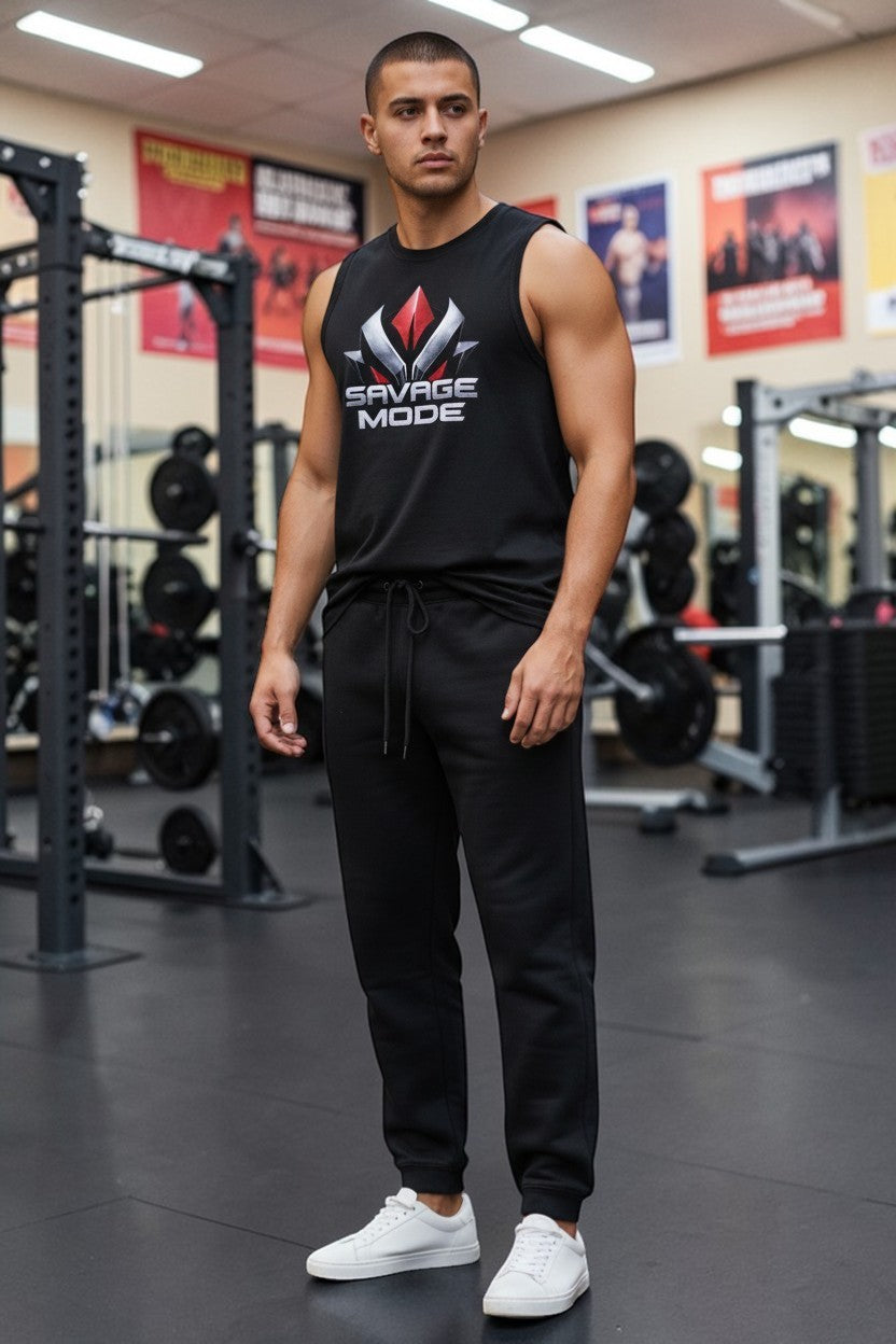 Man wearing a black 'Savage Mode' tank top in a gym setting