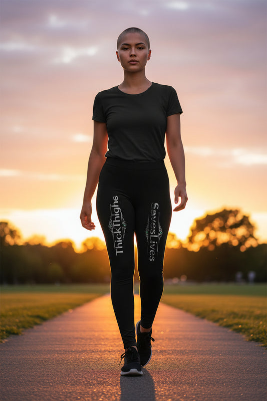 Person wearing black leggings with text walking on a path during sunset.