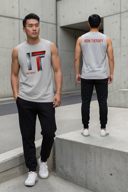 Two men wearing sleeveless shirts with 'IRON THERAPY' logo in an urban setting.